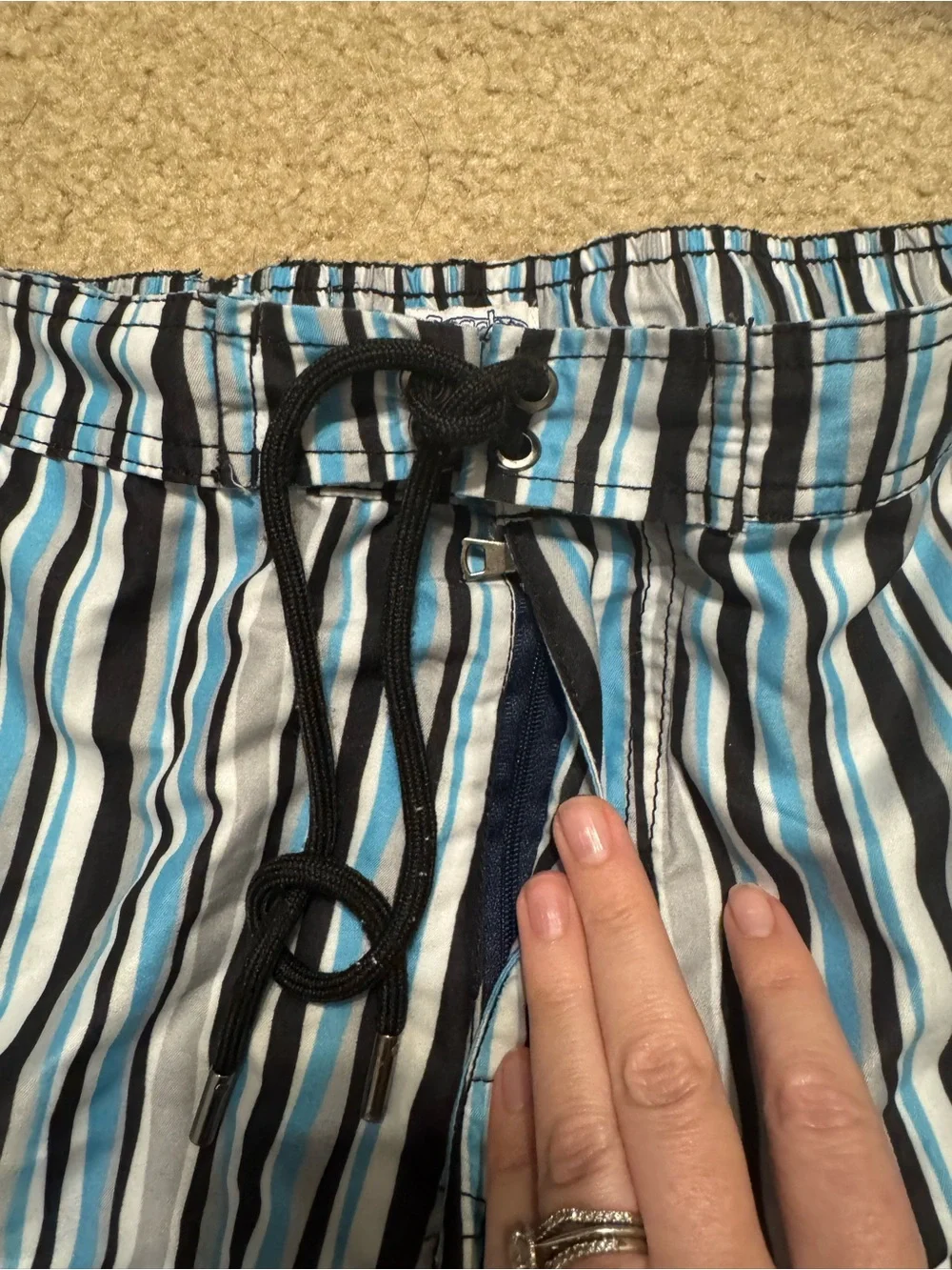 Men's Striped Blue Black White Swim Trunks with Drawstring
